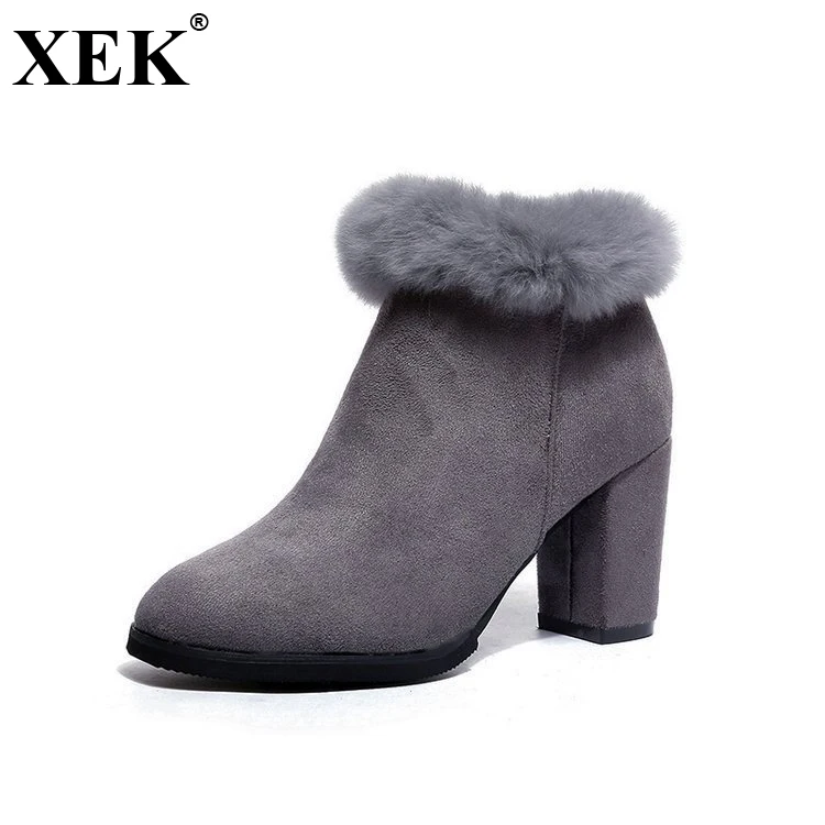 

XEK Brand Women Boots Female Winter Shoes Woman Fur Warm Snow Boots Square Heels Bota Feminina Ankle Boots Botas Mujer JH281