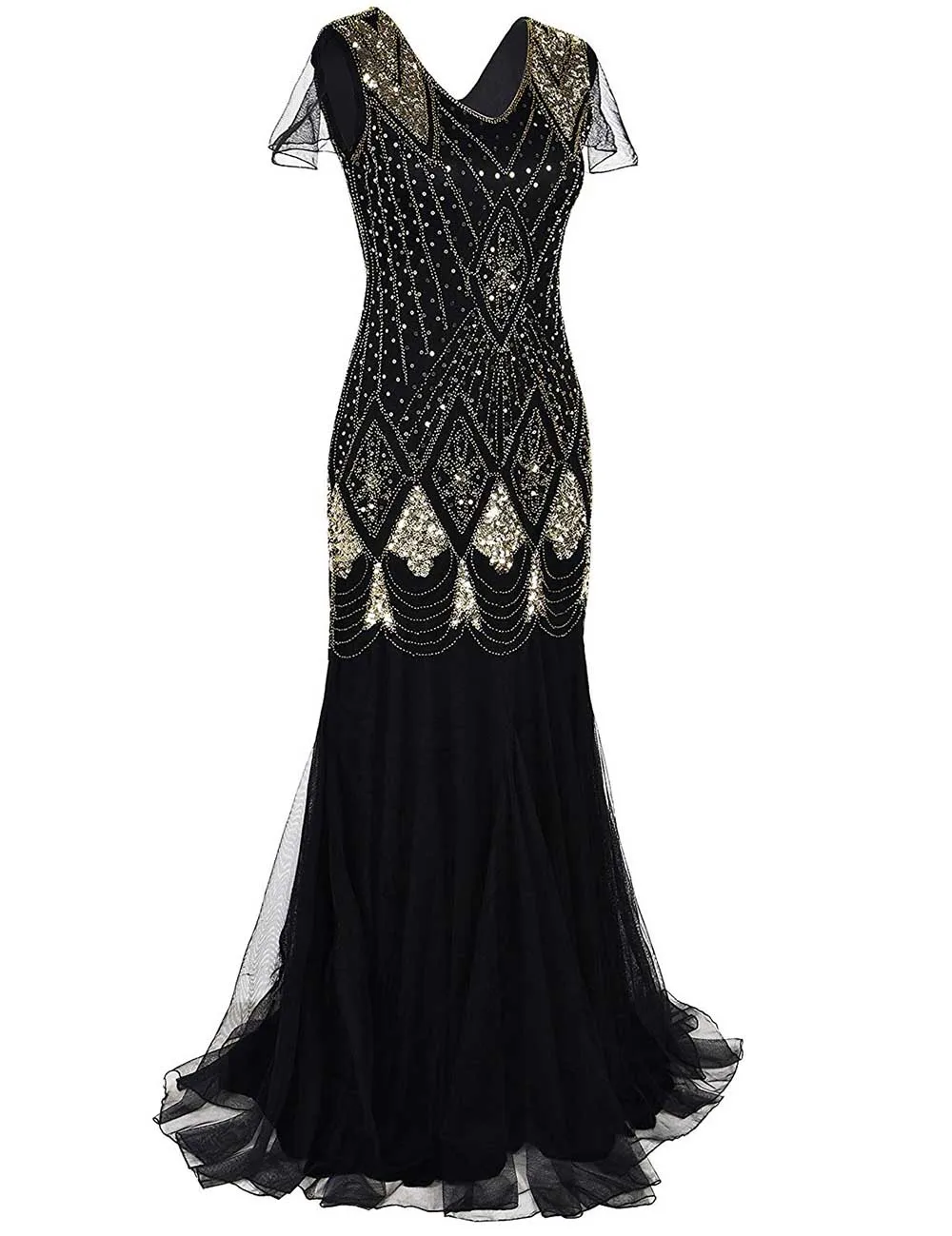 Dress-Black-Golad Женские Хлопушка платья 1920s V образным вырезом бисером бахромой большой Гэтсби длинное платье - Цвет: Dress-Black-Golad