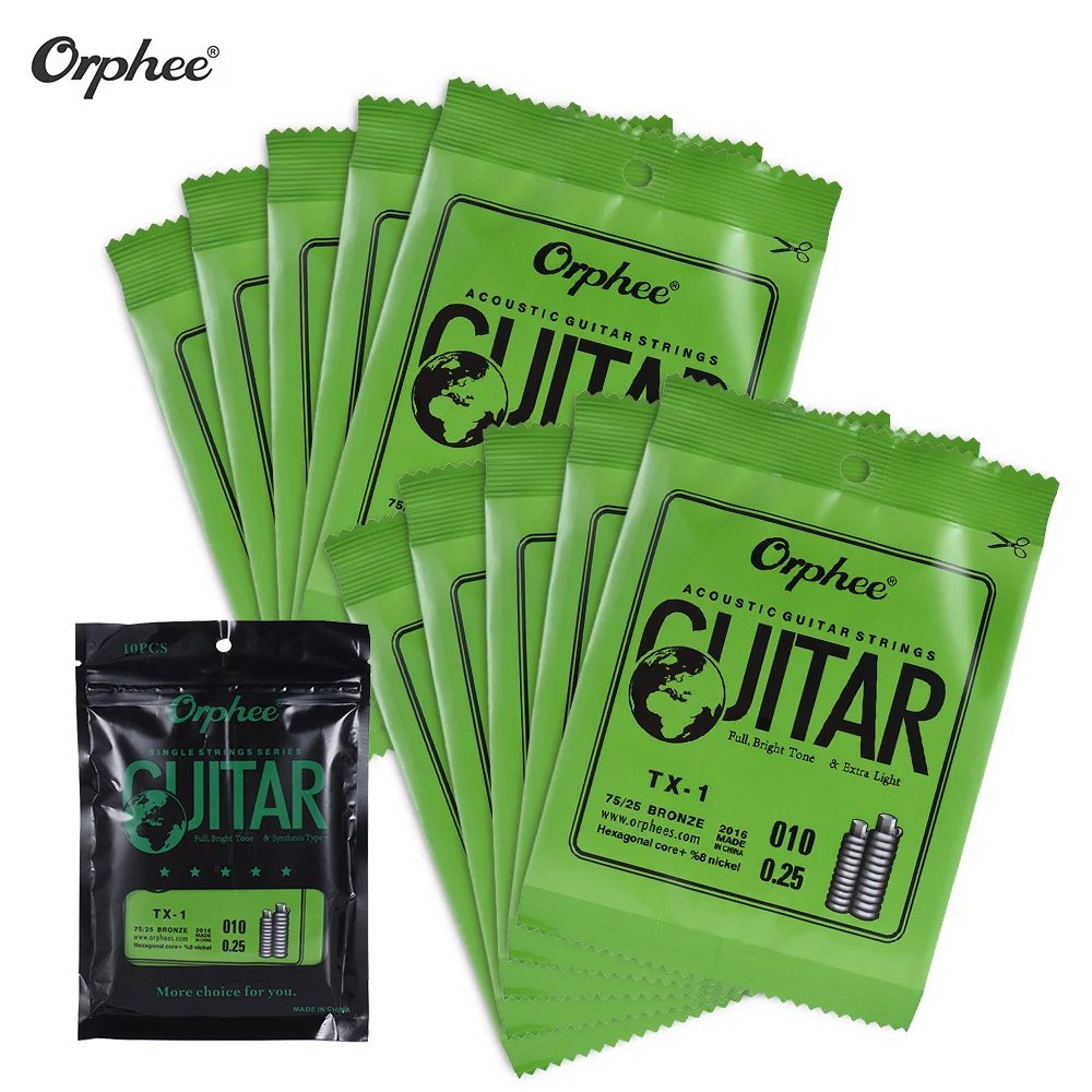 

Orphee TX-1 Single Guitar String Replacement for Acoustic Guitar 1st E-String (.010) 10-Pack High-carbon Steel Core 75/25