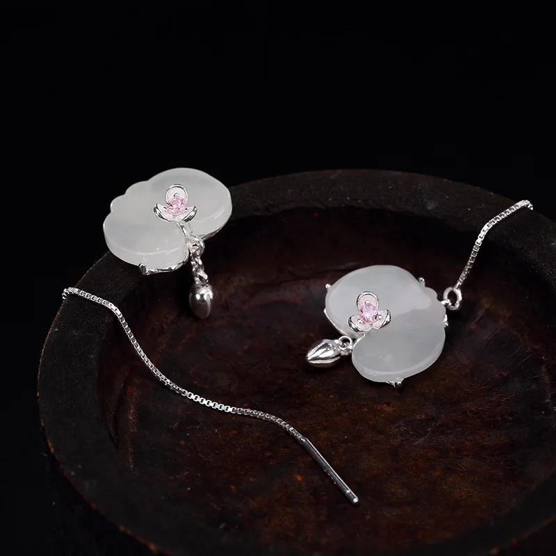 

S9925 silver inlaid natural hetian earrings wholesale high-grade joker tremella line