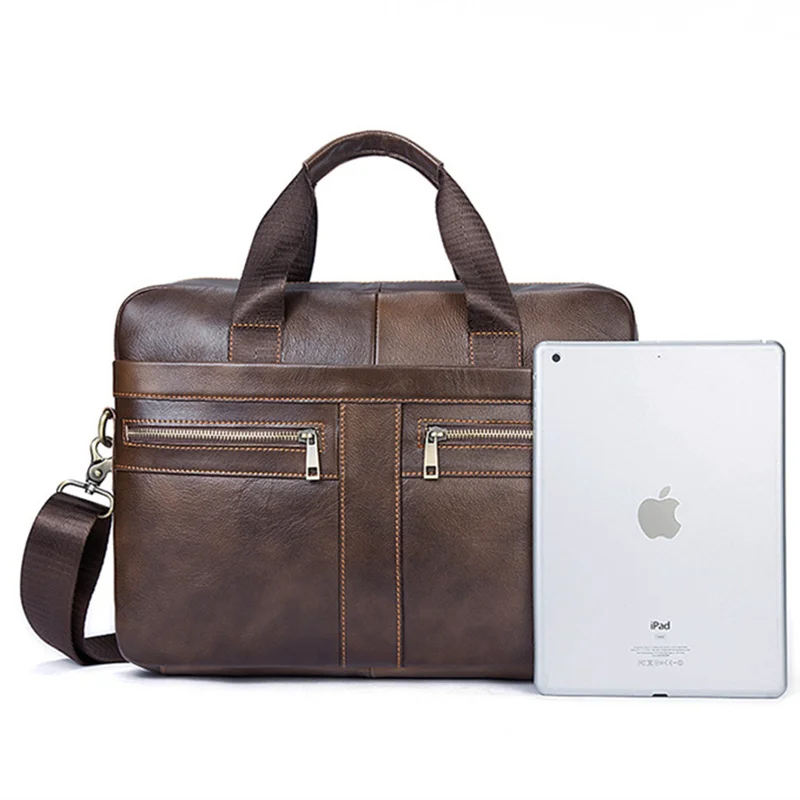 Men Briefcases Genuine Leather Fashion Shoulder Crossbody Messenger Bolsa Business Travel Laptop Note Pad Male Multi-Pocket Gift