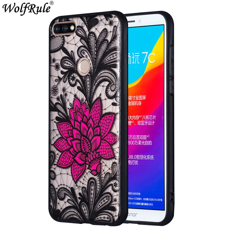 WolfRule Huawei Honor 7C Pro Case Cover Black Lace Red Flower Soft TPU For Y7 Prime 2018 Hard PC Fundas |