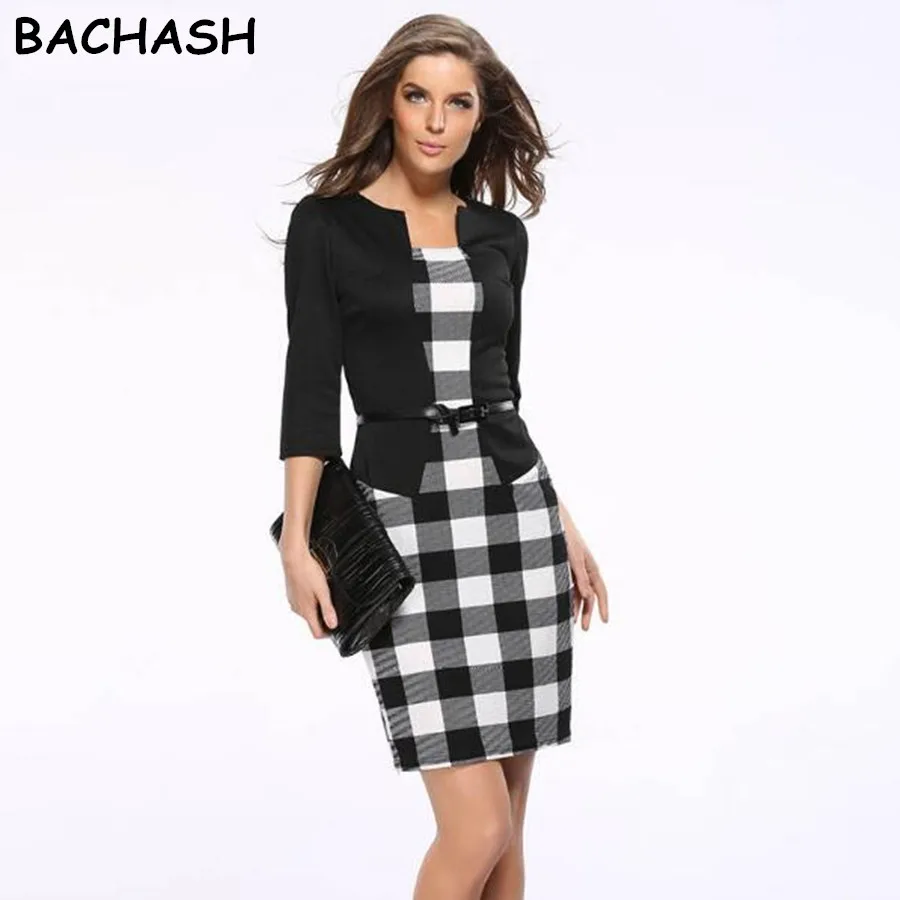 Женское элегантное платье карандаш с поясом в клетку|wear to work|bodycon dressbusiness dress |