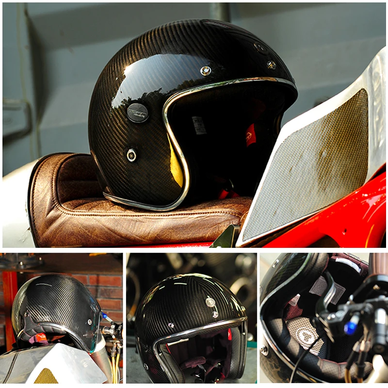 Мотоцикл углеродного волокна 3/4 Открыть лицо Винтаж Шлем Улица Кафе Racer для