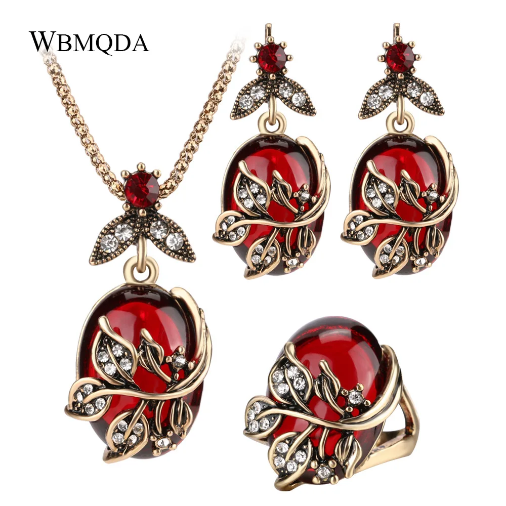 

3 Pcs/lot Vintage Red Green Turkish Jewelry Sets Crystal Branch Leaves Ring Earrings Necklace Women Antique Gold Jewellery