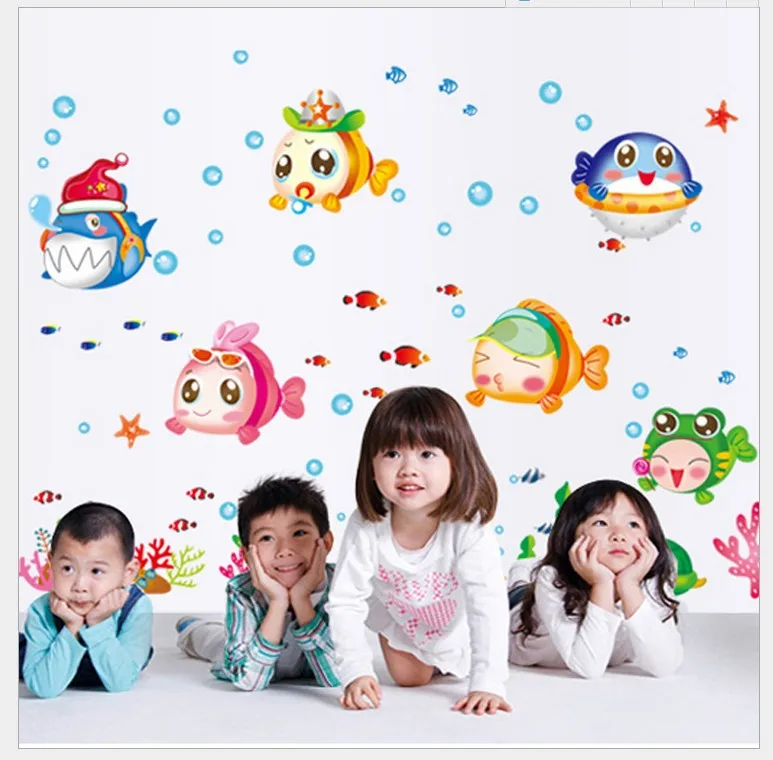 Underwater World Cartoon Baby Fish For Children Nursery Kindergarten Room Home Bathroom Glass Decoration | Дом и сад