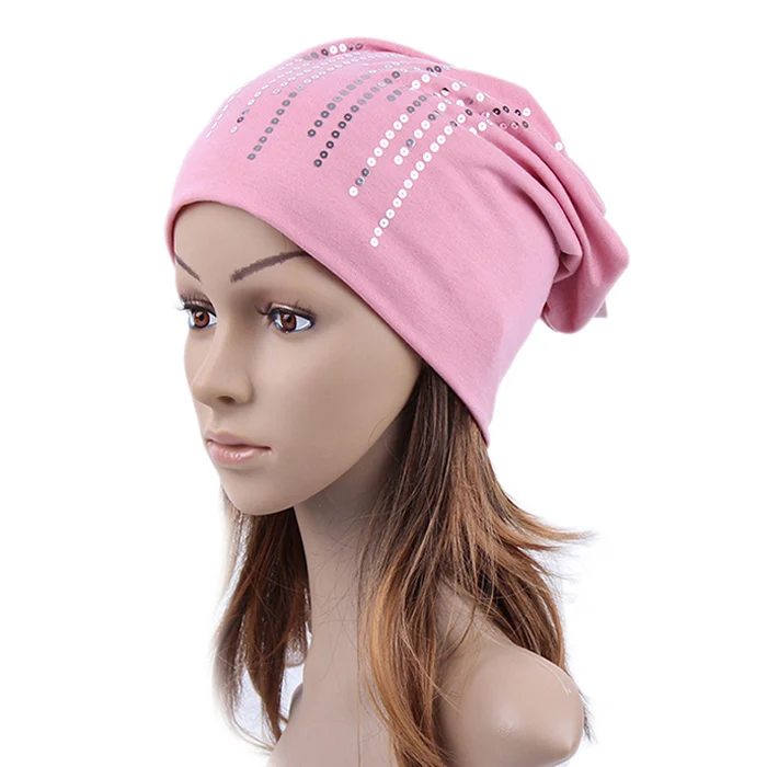 Pink Geebro Женская Круглая Серебряная шапочка с блестками, Весенняя черная хлопковая громоздкая шапка бини для женщин, Балаклава, шапка Sapka - Цвет: Pink