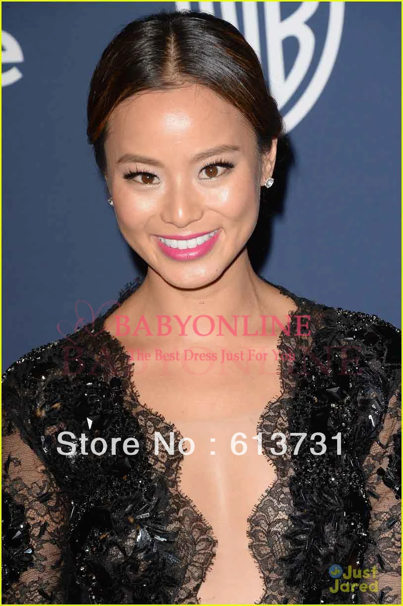 Jamie Chung V Neck Sheer Long Sleeves Side Slit Beads Black Lace 2014 71st Golden Globe Evening Celebrity Red Carpet Dresses | Свадьбы и