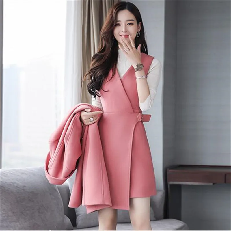 

2017 New Spring Autumn Winter Two-piece Fashion Women Long Wool coat +Sexy Vest Dress Leisure Warm Slim Female Suit Dress A0114