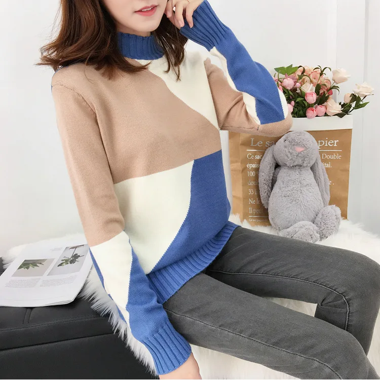 

2019 Autumn Winter New High Neck Stitching Sweater Female Knitted Jumper Warm Pullover Loose Fashion Female Top
