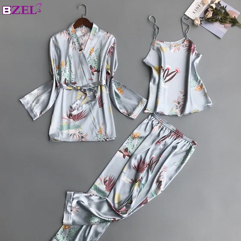 

Women Pajamas Sets 3 Pieces Fashion Spaghetti Strap Satin Sleepwear Female Flower Print Long Sleeve Pyjama Home Clothing Pijama