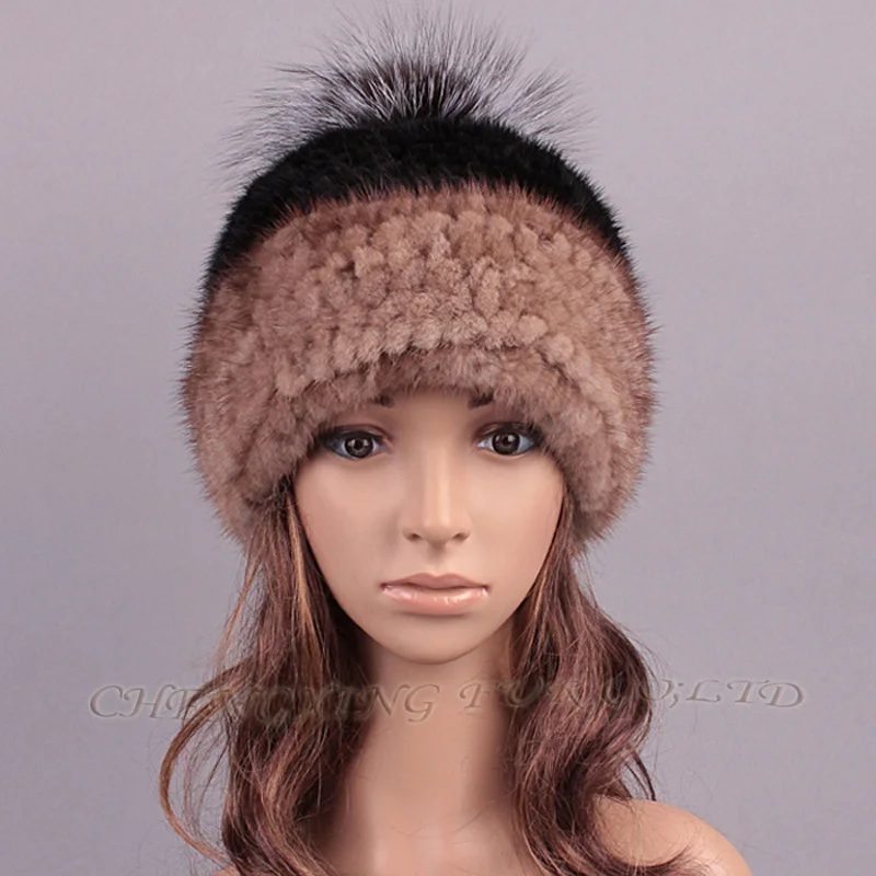 Женская модная шапка из натурального меха норки с помпоном лисьего меха|fashion hat|hat