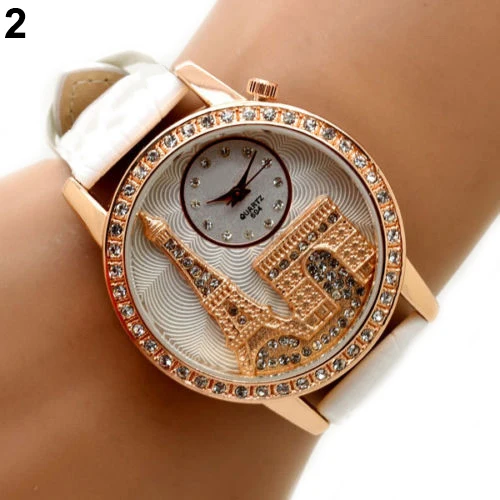 Hot Sales Women Fashion Eiffel Tower Crystal Dial Faux Leather Band Quartz Wrist Dress Watch 01V1 2VY8 | Наручные часы