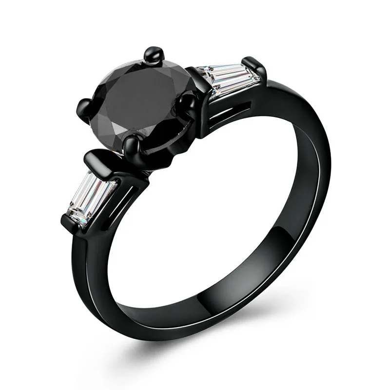 Черный Huitan Solitaire женское кольцо с черной лентой модное свадебное кольцо на палец с Круглый фианит зубец Настройка юбилей подарок - Цвет основного камня: Черный