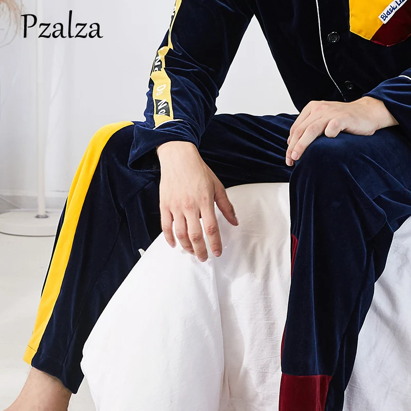 Winter Mens Pyjamas Set Letter Splice Multicolor Pajamas Men Loungewear Velour Warm Pyjamas Men Sleepwear Home Clothing L XL XXL