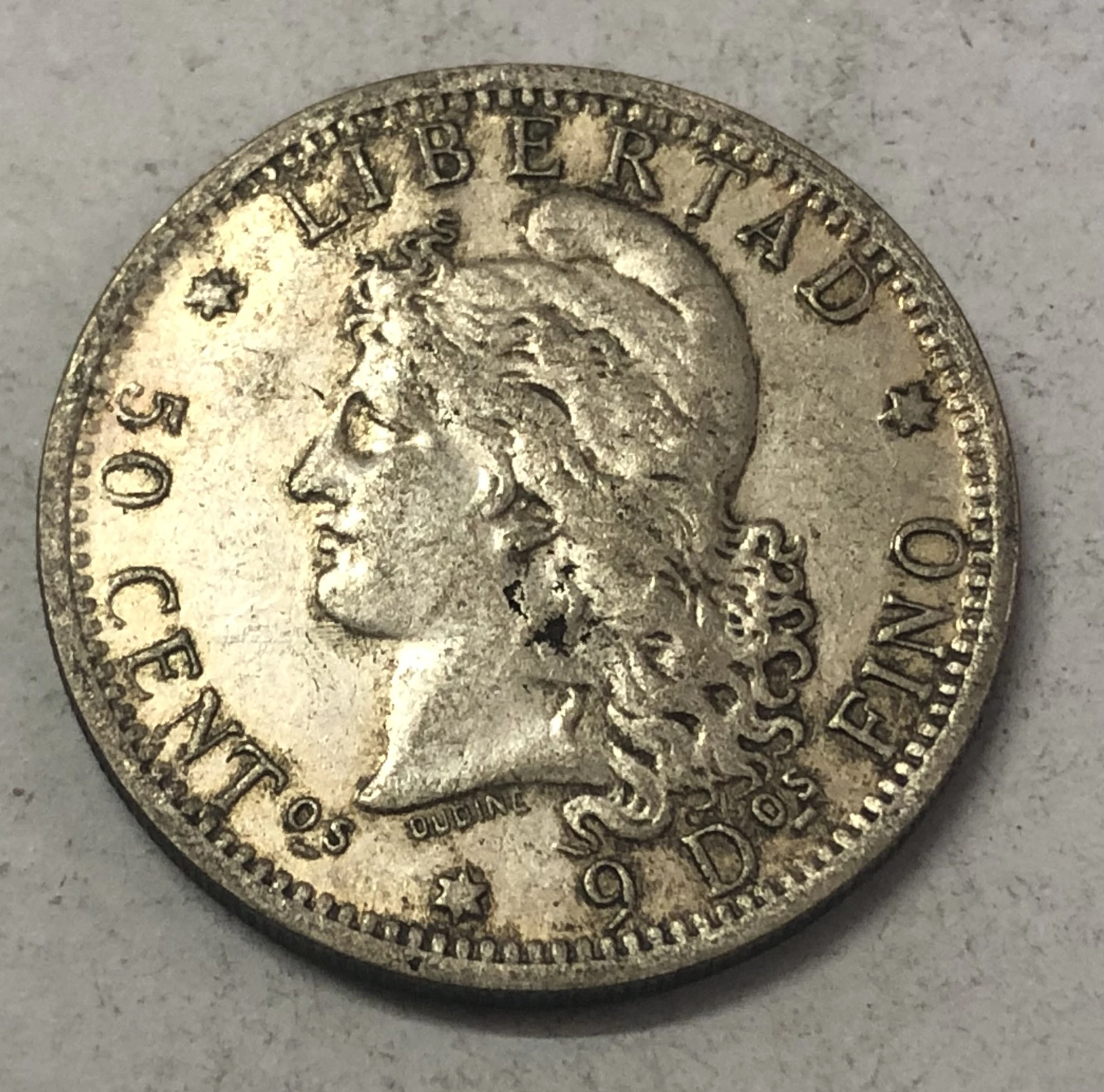 1883 Аргентина 50 Centavos Посеребренная точная копия отличной монеты|Безвалютные