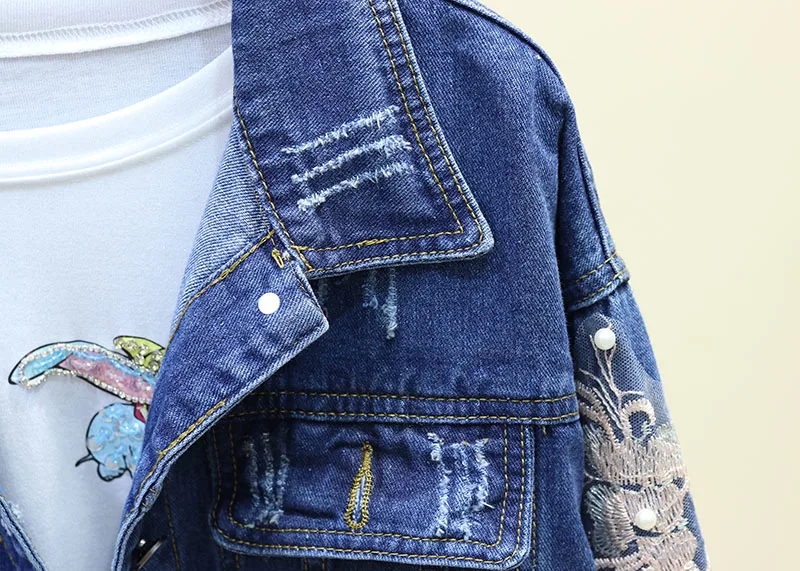 Neploe Spring Women Fashion Denim Jacket Embroidery Beading Flowers Short Jackets Coat Woman Long Sleeve Jean Jacket 90199