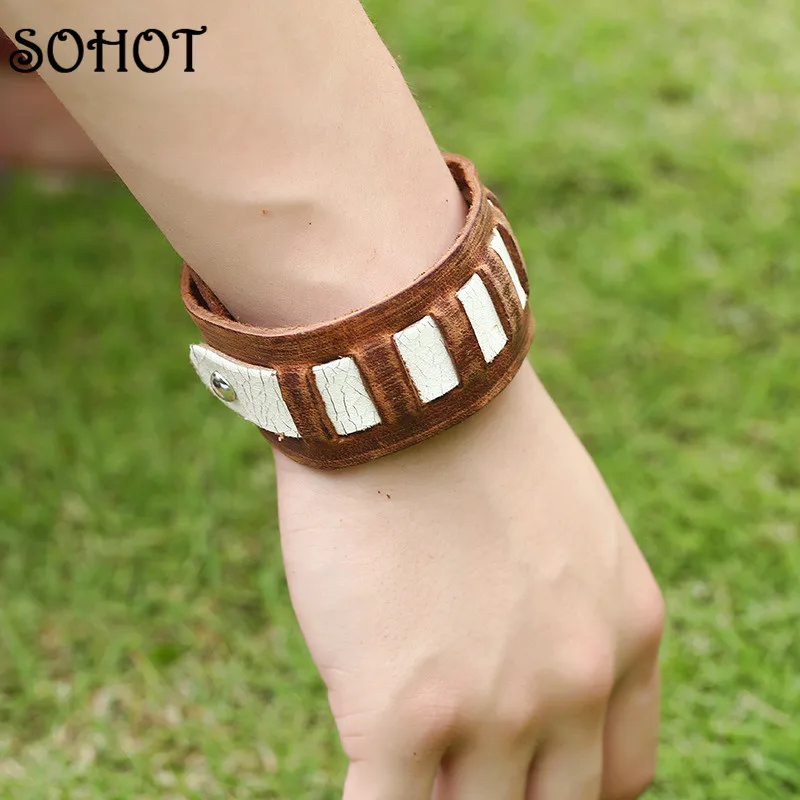 Модные Винтажные Украшения SOHOT плетеный широкий кожаный ремешок ручной работы