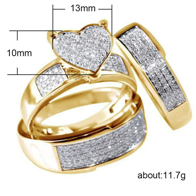 Модное обручальное кольцо золотого цвета из трех частей с кристаллами