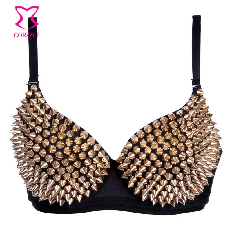 

Punk Gold Rivet Studded Sujetadors Push Up Bra Top Sexy Belly Dance Club Underwear Spiked Bralette Bras For Women Brasier Mujer