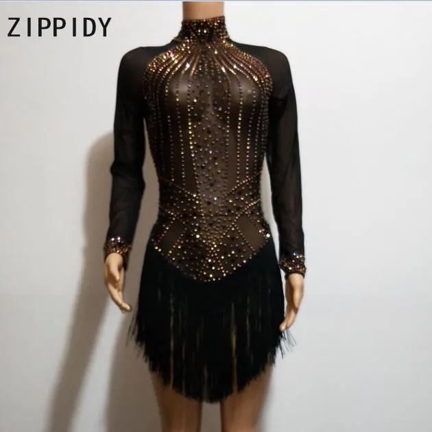 Multicolor Stones See Through Long Sleeves Bodysuit Black Mesh Tassel Women Singer Costume Birthday Celebrate Outfit Dance Wear