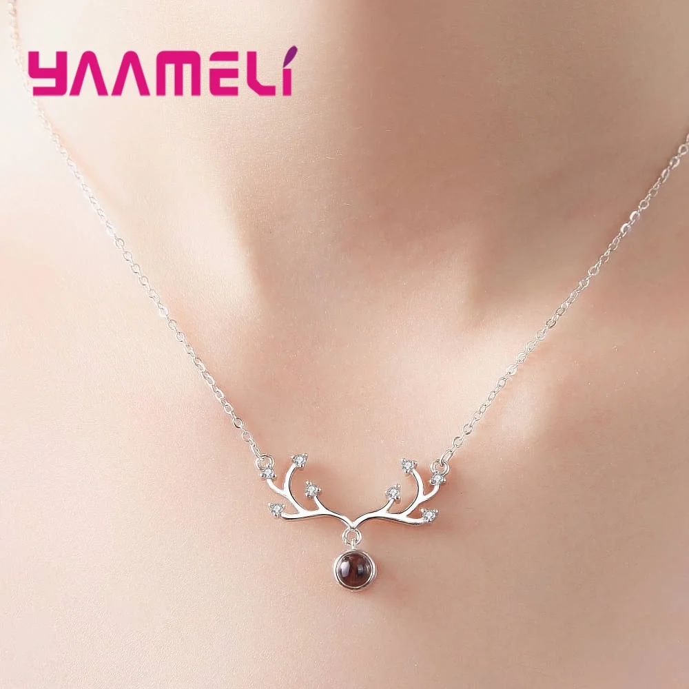 

Sweet Style Elk Deer Antlers Necklace 925 Round Opal Stone Pendant Necklaces For Women Girls Birthday Party Gift Jewelry