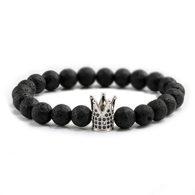 Black Lava Silver Классический натуральный черный вулканический камень Для мужчин бусины Браслеты браслеты шарма белого золота Для женщин Crown Tiger глаз браслет для мужчин, мужская Бижутерия Аксессуары - Окраска металла: Black Lava Silver
