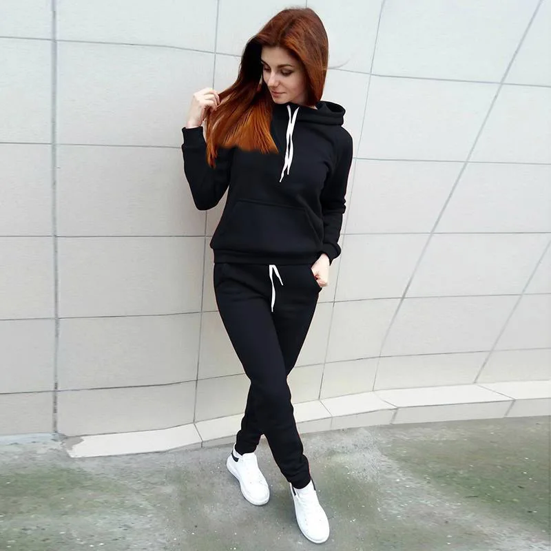 

NORMOV Solid Women Sets Hooded Long Sleeve Pockets Pullover And Elastic Waist With Sashes Trousers Polyester Sets Office Lady