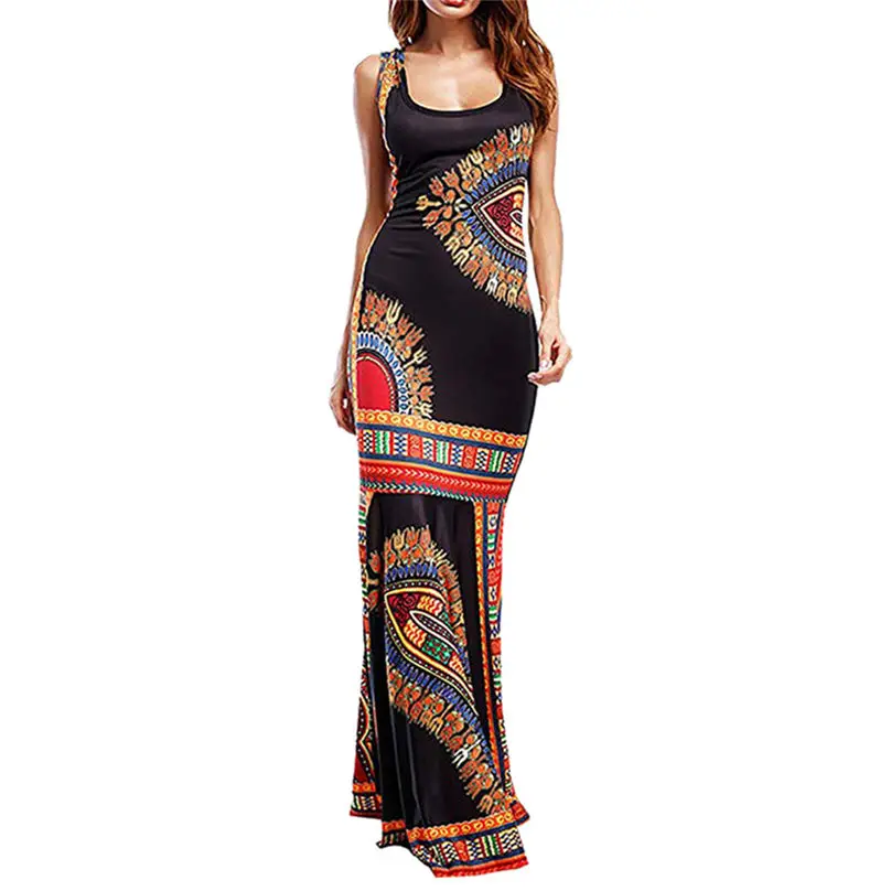 Женское платье с цветочным принтом Boho длинное макси для Дашики без рукавов