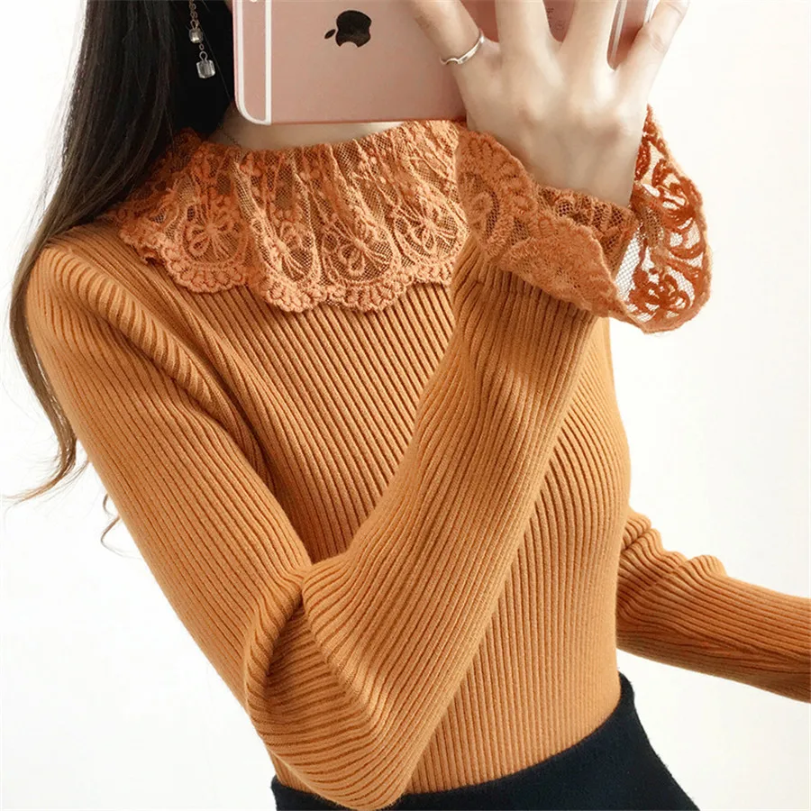 High Elastic Knitted Sweater Women 2018 Autumn Winter lace embroidery Patchwork Long Sleeve Sweaters Pullovers Female | Женская одежда