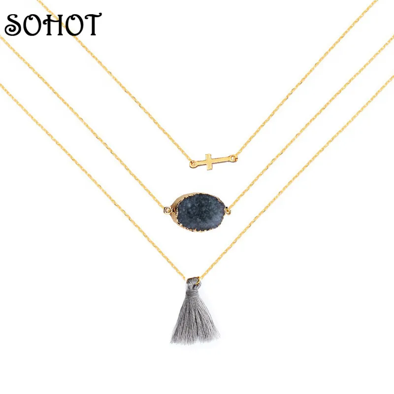 SOHOT Новая мода кисточкой Имитация Druzy камень кулон многослойное ожерелье золотой