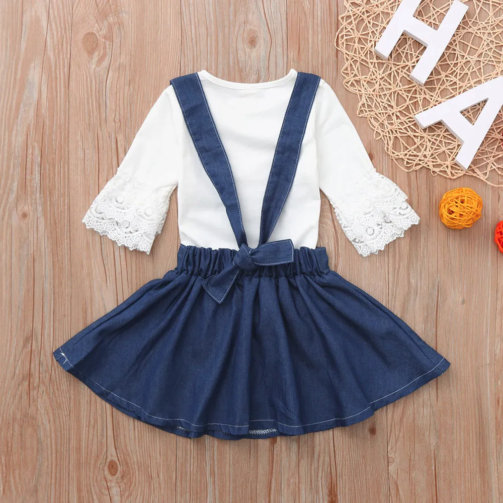 Summer Toddler Infant Baby Girls Solid Lace Tops Overall Denim Skirt 2pcs Clothing Sets 2019 Children's Dropshipping | Мать и ребенок