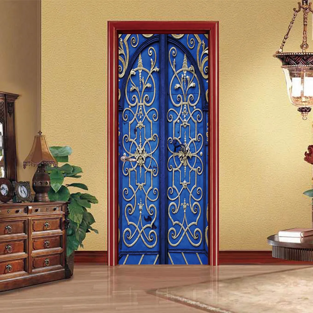 

Креативные синие 3D обои в стиле ретро для дверей, наклейка на дверь, декоративные обои для дома, спальни, раздвижной двери, водонепроницаемы...