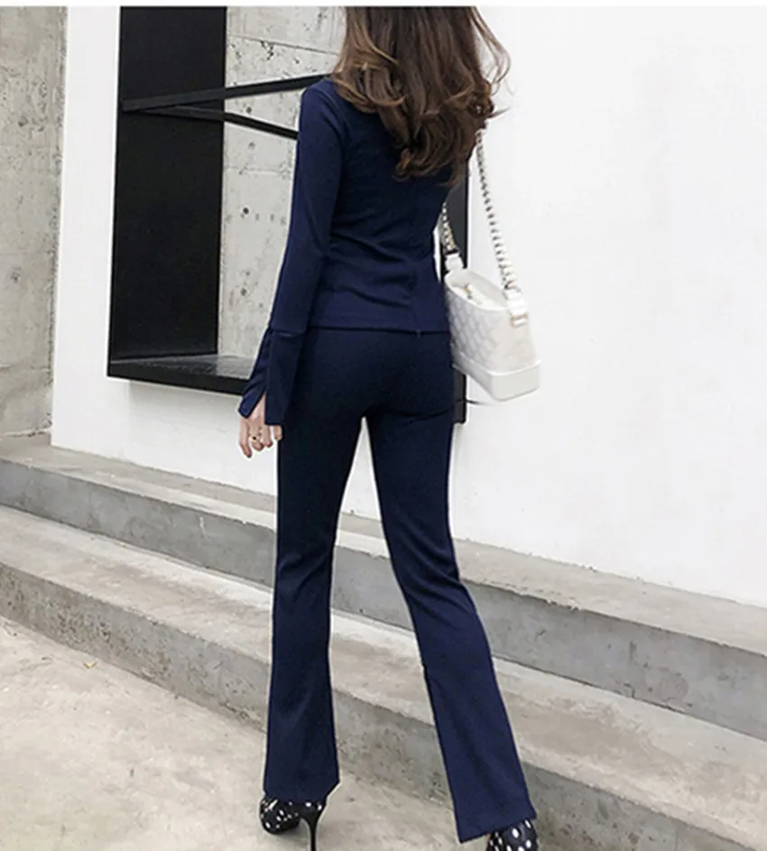 

JSXDHK Office Ladies Spring Trousers Suits Women Blue Hollow Out Long Sleeve Crops + Fashion OL Split Flare Long Pant Suits