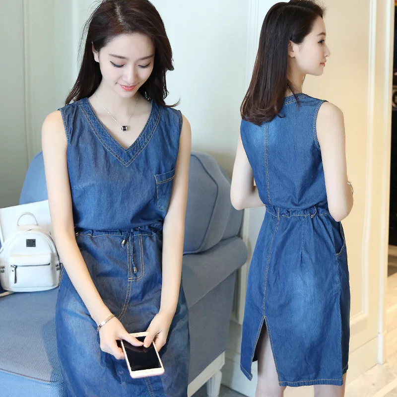 Женское джинсовое лоскутное платье повседневное голубое мини трапециевидной