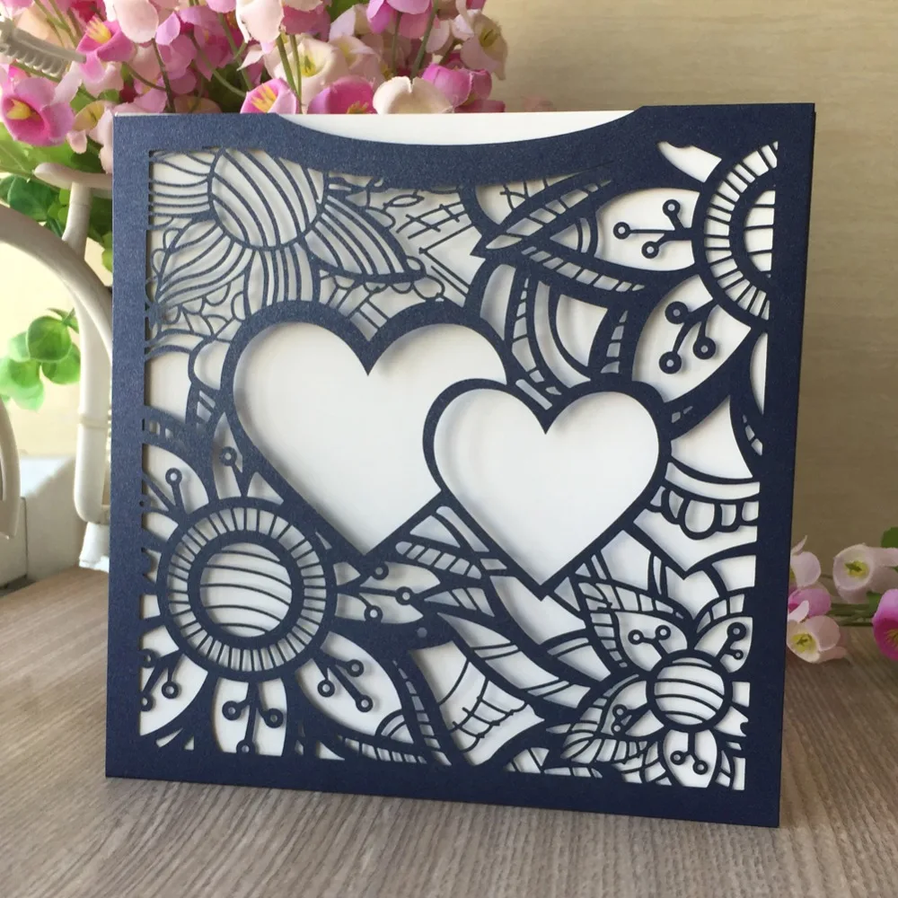 

20pcs/lot Double Heart Hollow Laser Cut Lovely Wedding Invitation Card Marriage Anniversary Invitation Card Valentine's Day Card