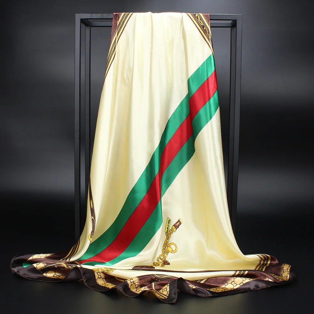 Летний шелковый шарф женский с принтом, квадратный головной платок из атласа для дам, роскошный брендовый шаль 90*90, большая мусульманская хиджаб.