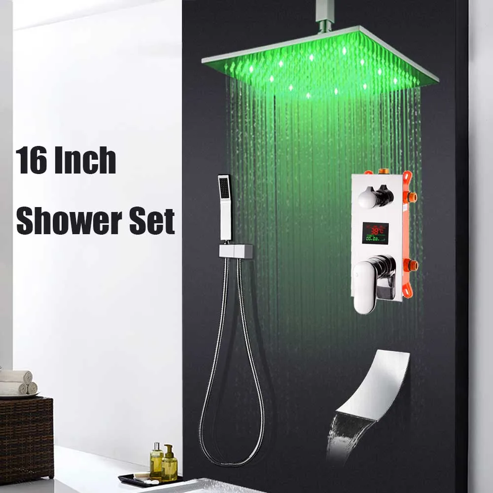 16 inch Set Fmhjfisd встроенный ящик с цифровым дисплеем смеситель для душа для ванной с 3 вариантами смеситель для ванной светодиодный насадка для душа водопад носик - Цвет: 16 inch Set