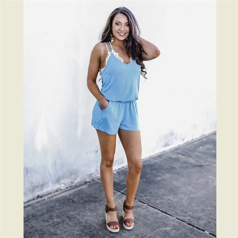 Женский мини костюм пляжного типа одежда комбинезон сплошной цвет синие карманы
