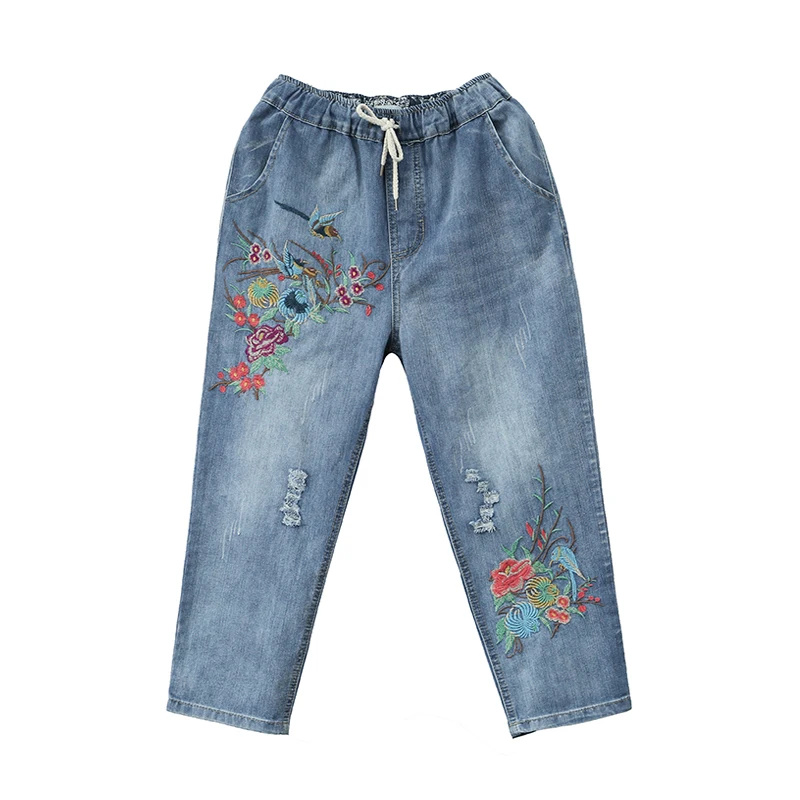 

Women Summer Pants Casual Trousers For Ladies Vintage Ripped Holes Elastic Waist Embroidery Denim Calf Length Jeans Plus Size