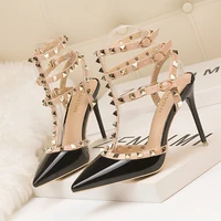 roman fashion rivet sandals 10cm pumps woman shoes sexy nightclub stiletto heels patent leather metallic rivet hollow