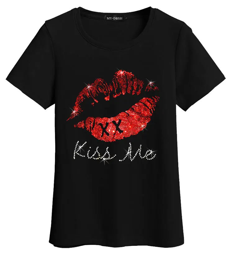 Летние женские футболки Харадзюку, женские хлопковые футболки с надписью «губы» и бриллиантами, повседневные женские футболки с коротким рукавом