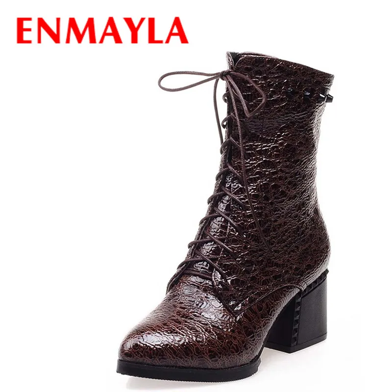 

ENMAYLA Autumn Women Calf Knight Boots Fashion High Heels Lace-up Pointed Toe Half Knee Boots Women Shoes Motorcycle Boots