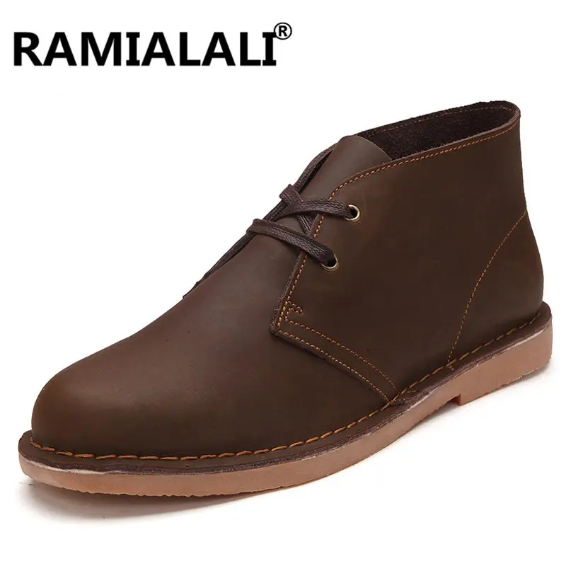 Ramialali/качественные мужские ботинки из натуральной кожи; короткие сапоги для мотоцикла на шнуровке; зимняя обувь из натуральной кожи; Мужская плюшевая обувь на меху