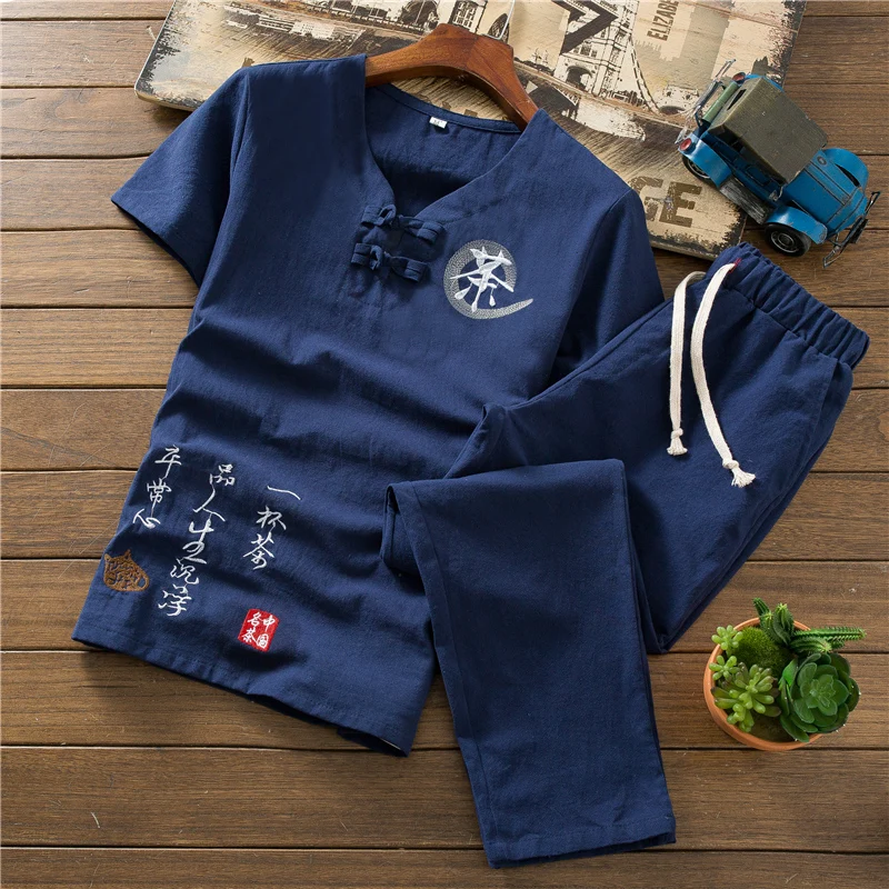 

Chinese style cotton and linen men's embroidered sets summer fashion comfortable breathable men short-sleeved T-shirt + trousers