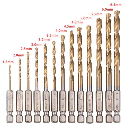 

13pcs HSS High Speed Steel Titanium Coated Drill Bit Set 1/4 Hex Shank 1.5-6.5mm,quick Change Metal drilling Tool Woodworking