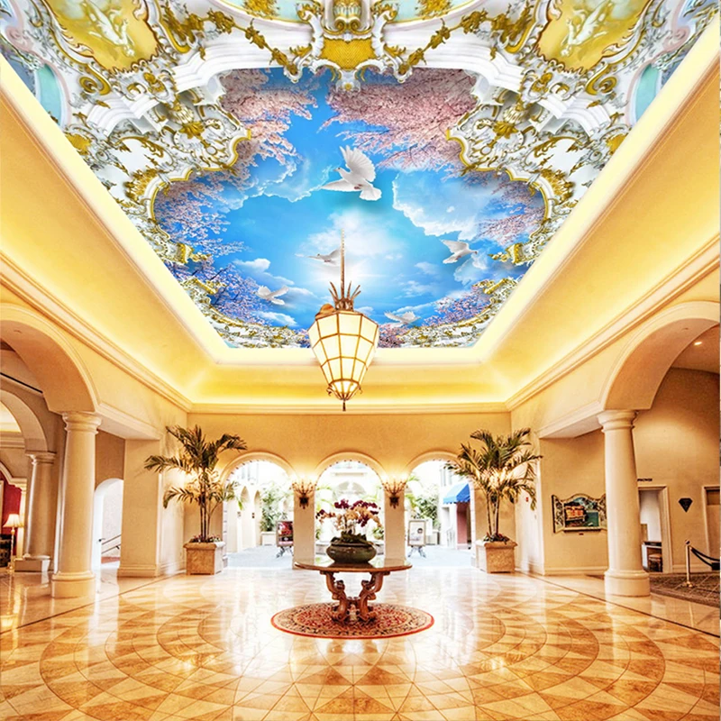 

3D Photo Wall Murals Blue Sky White Clouds Cherry Tree 3D Zenith Murals for Living Room Hotel Meeting Room Ceiling wallpapers