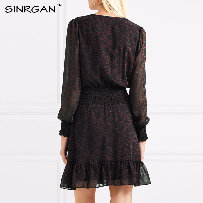 SINRGAN Black v-neck elegent sexy club dresses women vestidos Slim long sleeve solid summer dress Chiffon A-line vintage | Женская