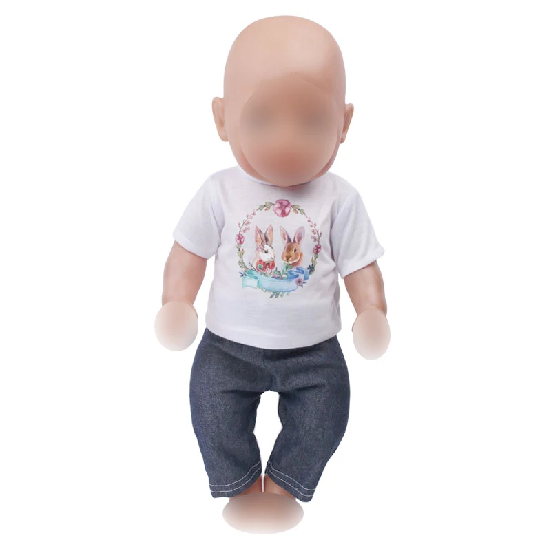 

43 cm baby dolls Clothes new born Cartoon printed T-shirt + pants toy accessories fit American 18 inch Girl doll f648