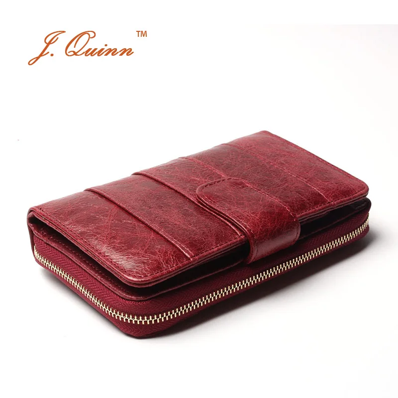 

J.Quinn 2017 New European Red Cow Leather Zip Around Wallet for Women Genuine Oil Wax Soft Currency Organizer Hasp Card Wallets